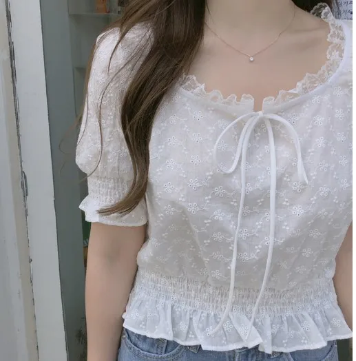 

Puff sleeve solid white cotton embroidery hollow out lolita chic short drawstring prairie shirt French girl top