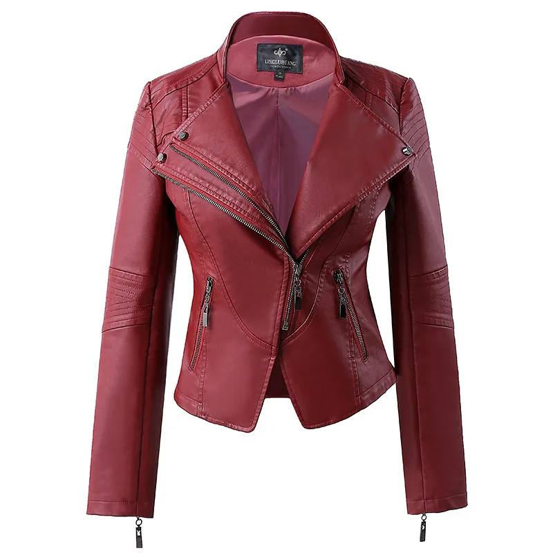 Новинка, женские весенне-осенние куртки из искусственной кожи, дамская модная мотоциклетная куртка, короткая тонкая куртка из искусственной кожи, верхняя одежда, топы LX2588