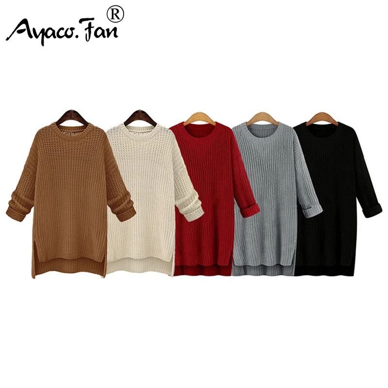 2019 Winter Midi Long Thick Sweaters for Women New Irregular O-Neck Cute Solid Knitted Pullovers Girls Lady Casual Split Sweater
