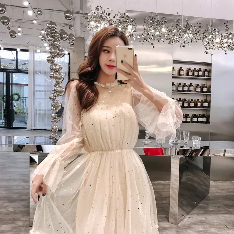 

Fionto 2019 Crop Top Women Gilded Gauze Korean Temperament Celebrity Long Loose Waist Dress Women's Dress