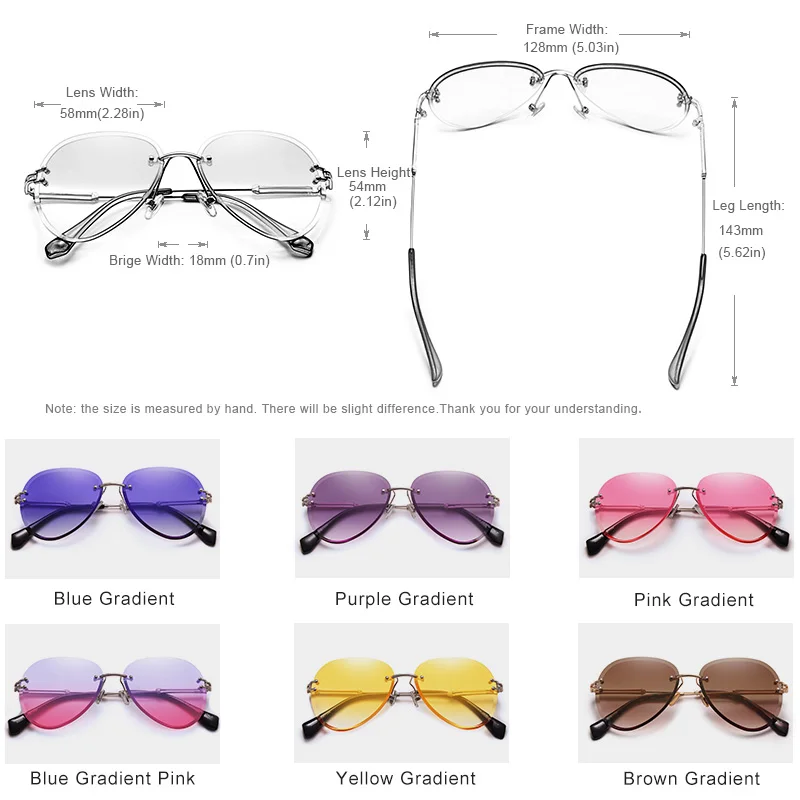 Goede KINGSEVEN ONTWERP Retro Vrouwen Randloze Pilot Zonnebril Randloze Kleurrijke Gradient Lens UV400 Bescherming Shades Oculo N802