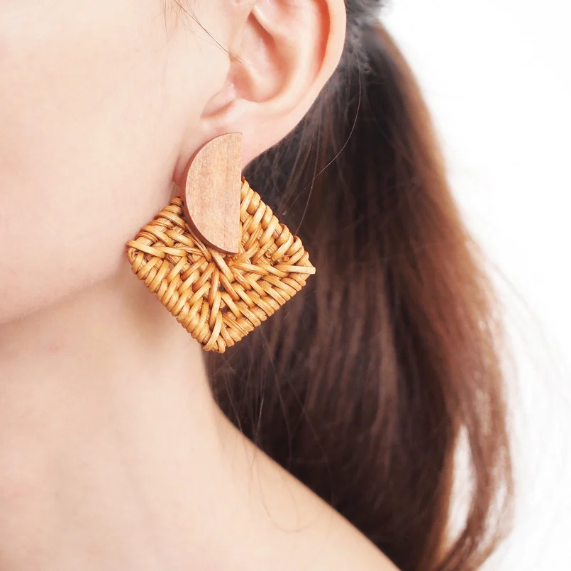 MANILAI Trendy Korea Earrings For Women Wood Straw Rattan Knit Drop Dangle Earrings Big Jewelry Statement Earrings Wooden Female