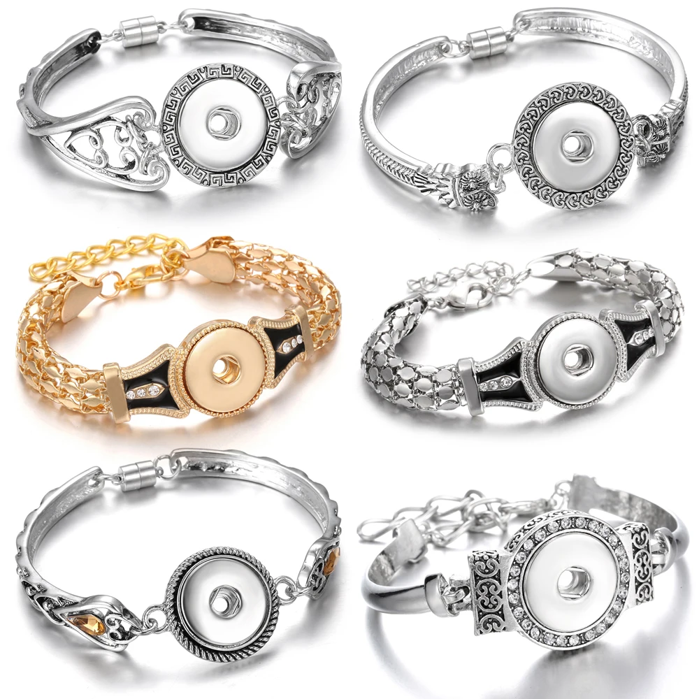 Hot Sale Silver Snap Bracelet Bangle Flower Carved Snap Button Bracelet for Women Men