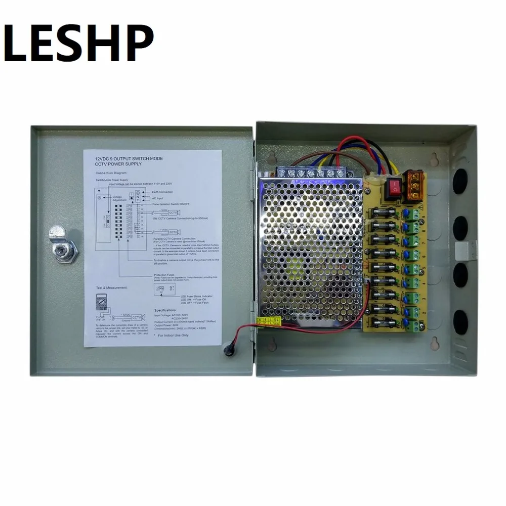 

LESHP 12V 5A 9CH Video Camera Centralized Power Supply Outdoor Monitor Camera Power Source Security Monitoring Camera Power