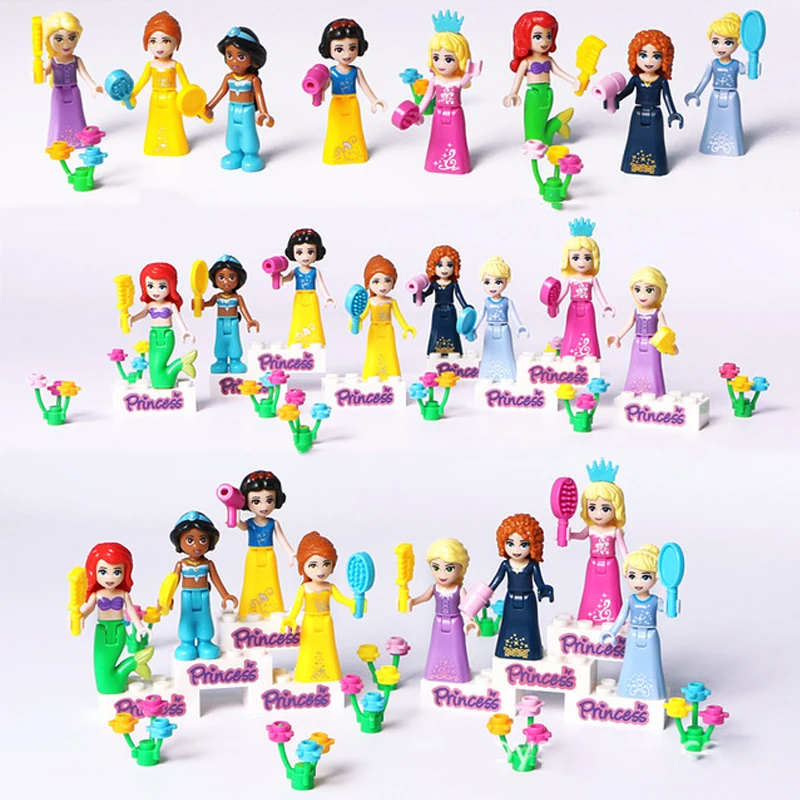 

New 8pcs Princess Figures Girl Snow White Mermaid Tinker Bell Sleeping Beauty Cinderella Blocks Friends Set Girls Toy