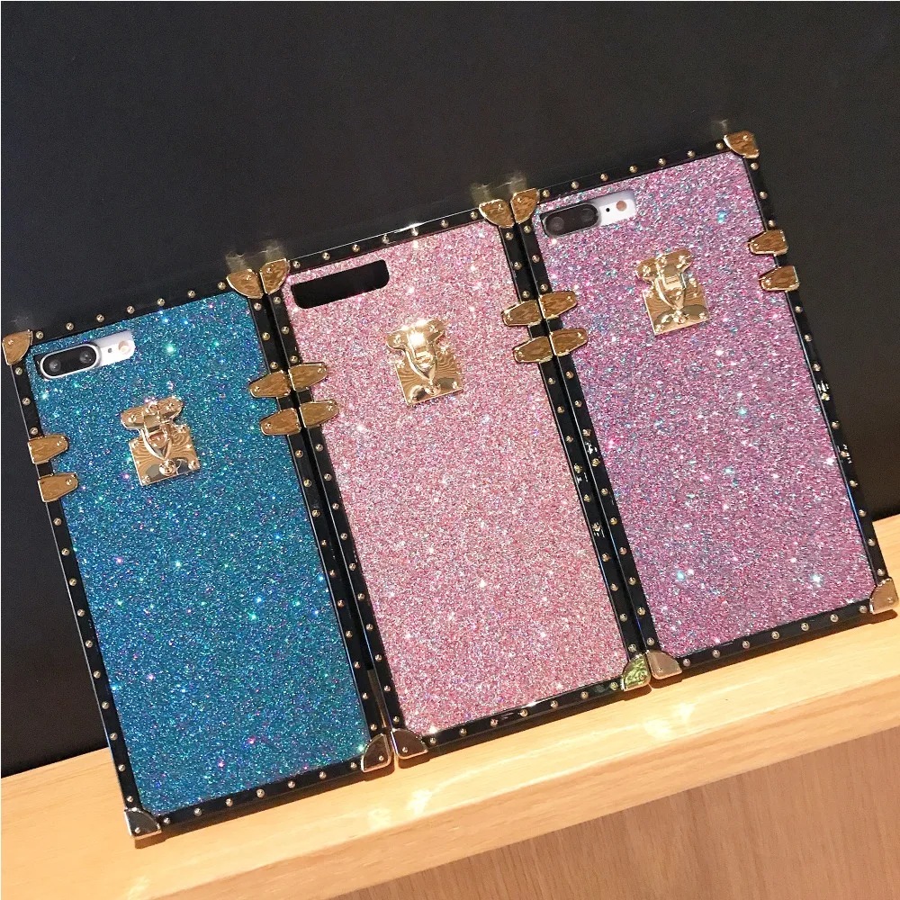 

Glittering case for iPhone X XR XS MAX Female style phone case Quadrate case for iPhone 7 8 6S Four corner Anti fall Shell