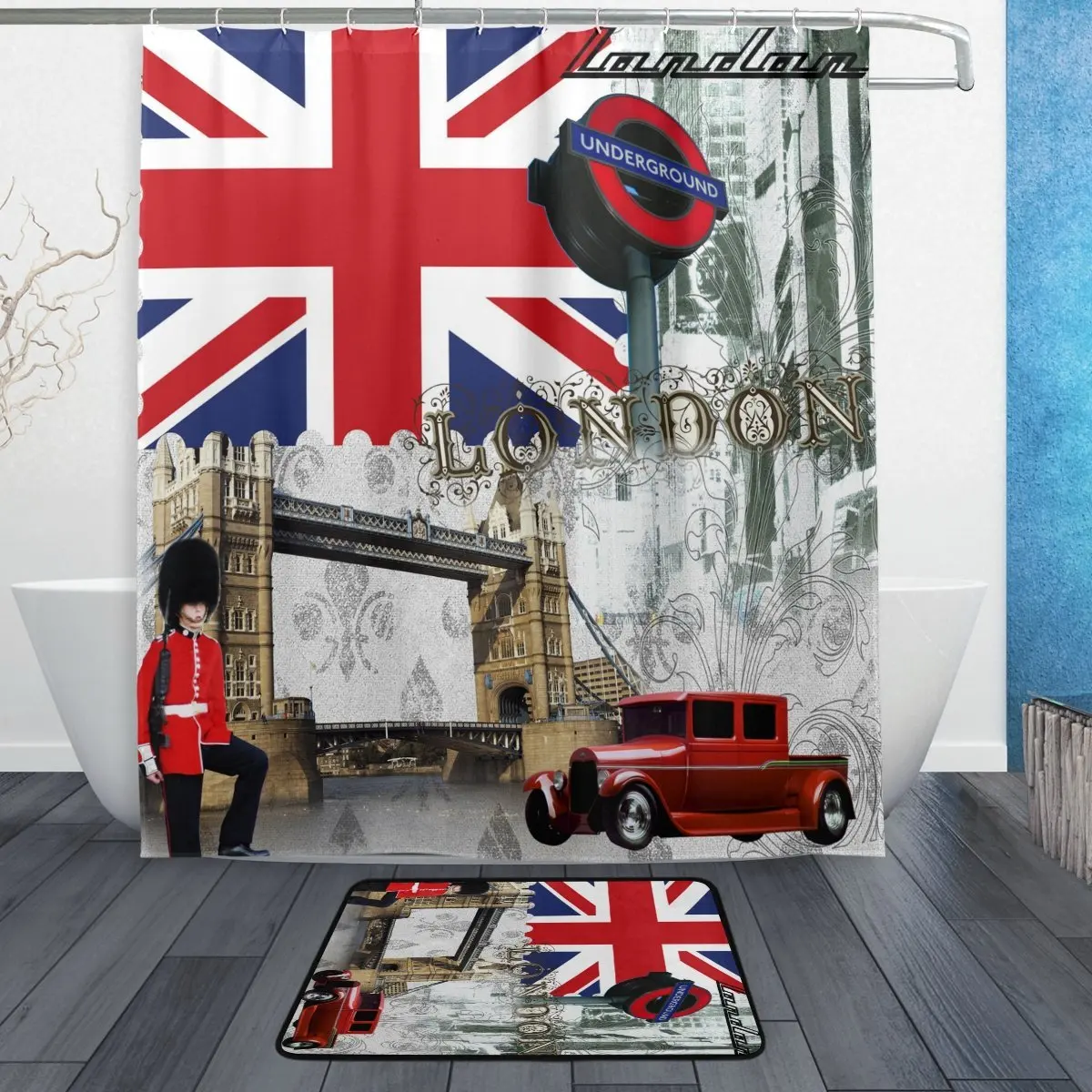 

England London Bridge City Landmark Vintage Retro Shower Curtain and Mat Set, Union Jack Soldier Bubble Car Waterproof Polyester