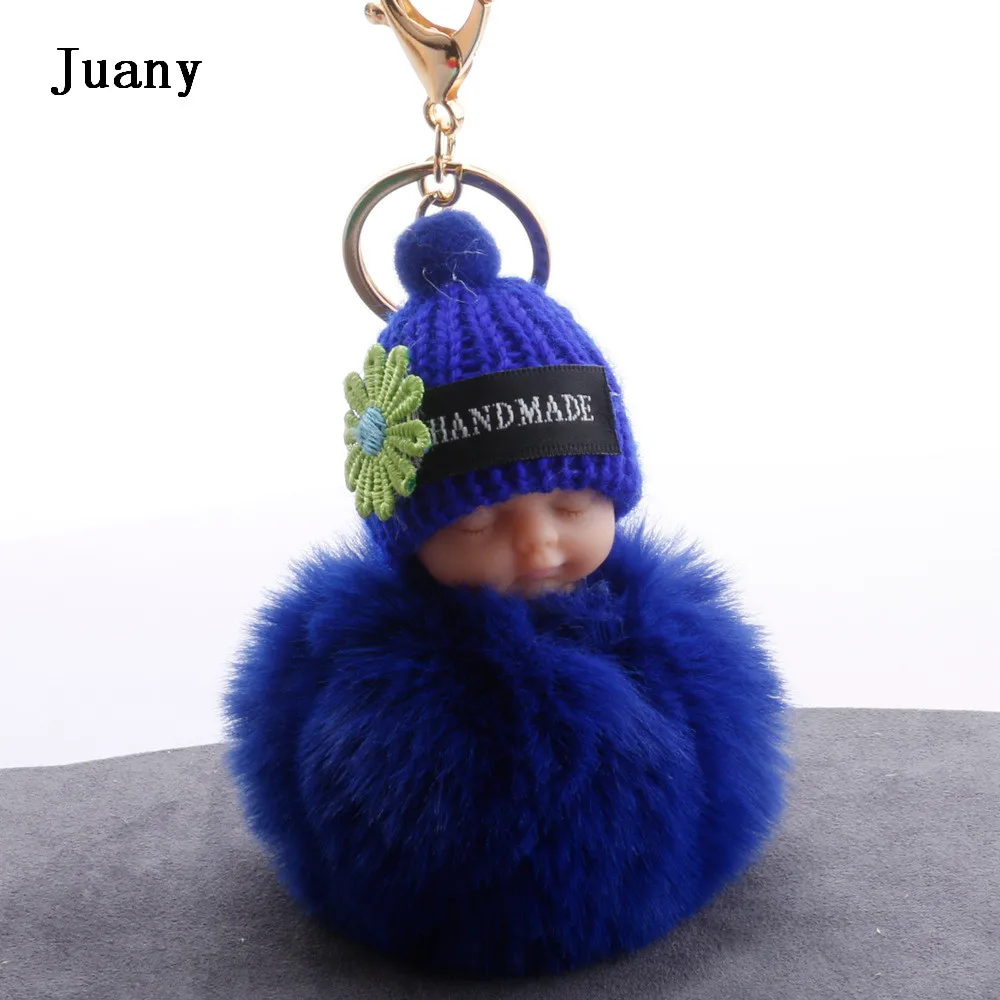 Fluffy fur pompom keychain cut sleeping baby doll keychain fake rabbit fur key chain 05
