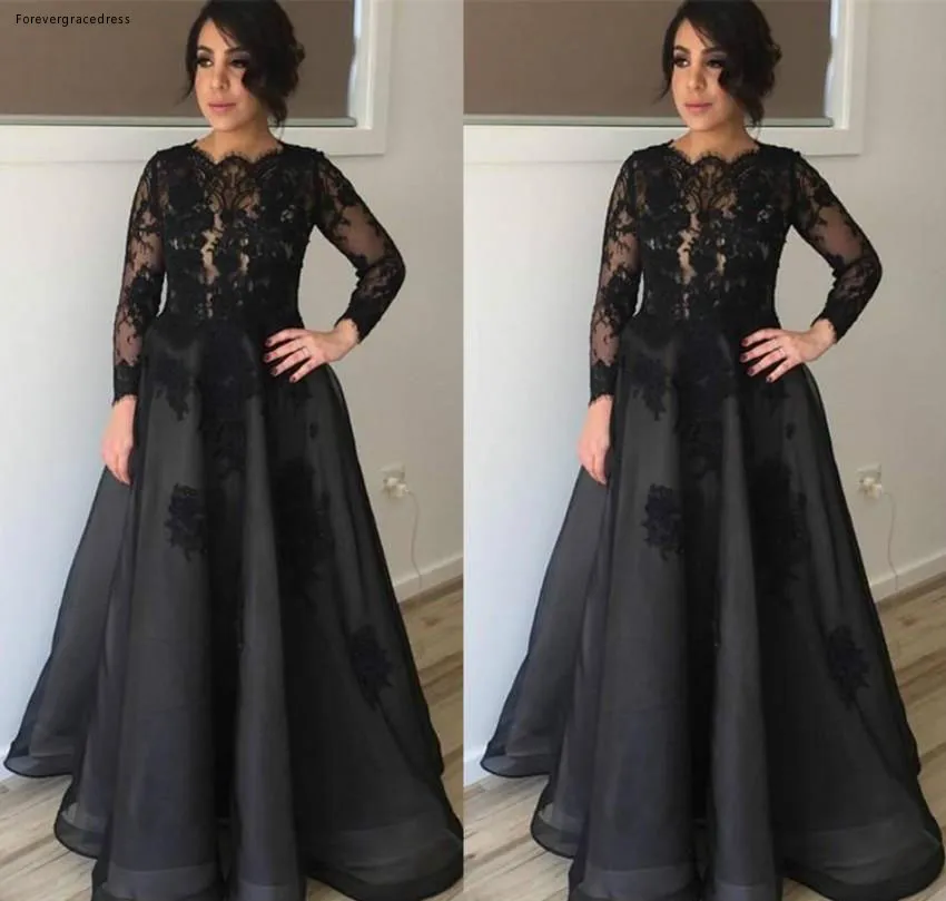 

2019 Black Mother of the Bride Dresses Lace Appliques Long Sleeves Formal Godmother Evening Wedding Party Guests Gown Plus Size