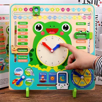 

Wooden Cartoon Calendar Toy Multifunction 7 in 1 Hanging Kids Frog Clock Date Weather Chart Early Educational Learning Toys