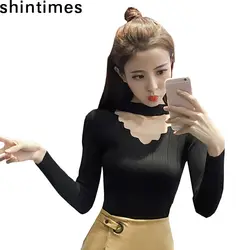Shintimes 2019 Осень Корейская мода; Слим v-образный вырез белый черный свитер женская одежда с длинным рукавом свитера женские s свитера пуловеры