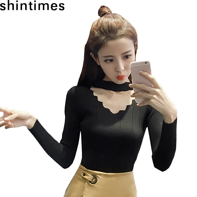 

shintimes 2019Autumn Korean Fashion Slim V-Neck White Black Sweater Women Long Sleeve Clothing Sweaters Womens Sweater Pullovers