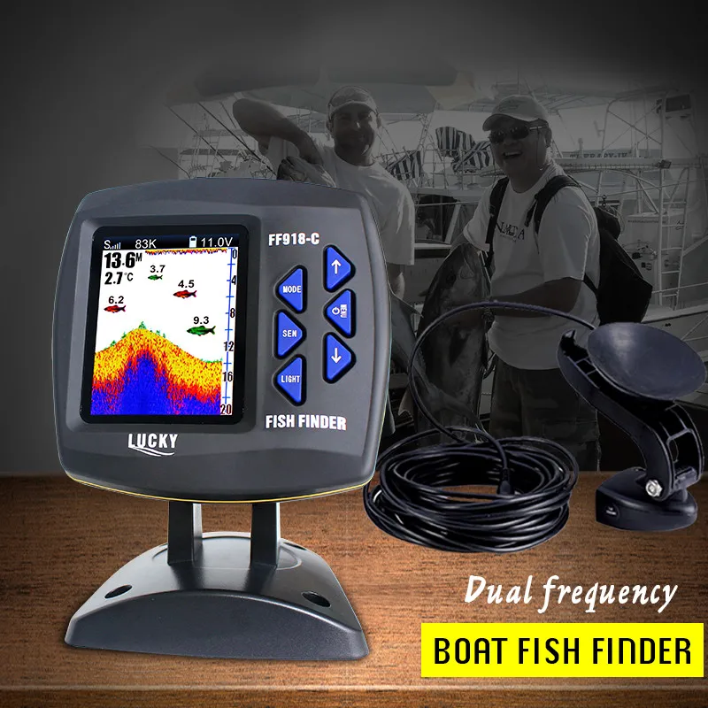 محظوظ ثنائي التردد قارب السمك مكتشف السونار أسلم إنذار 328ft/100 متر عمق المياه قارب fishfinder FF918-C100DS