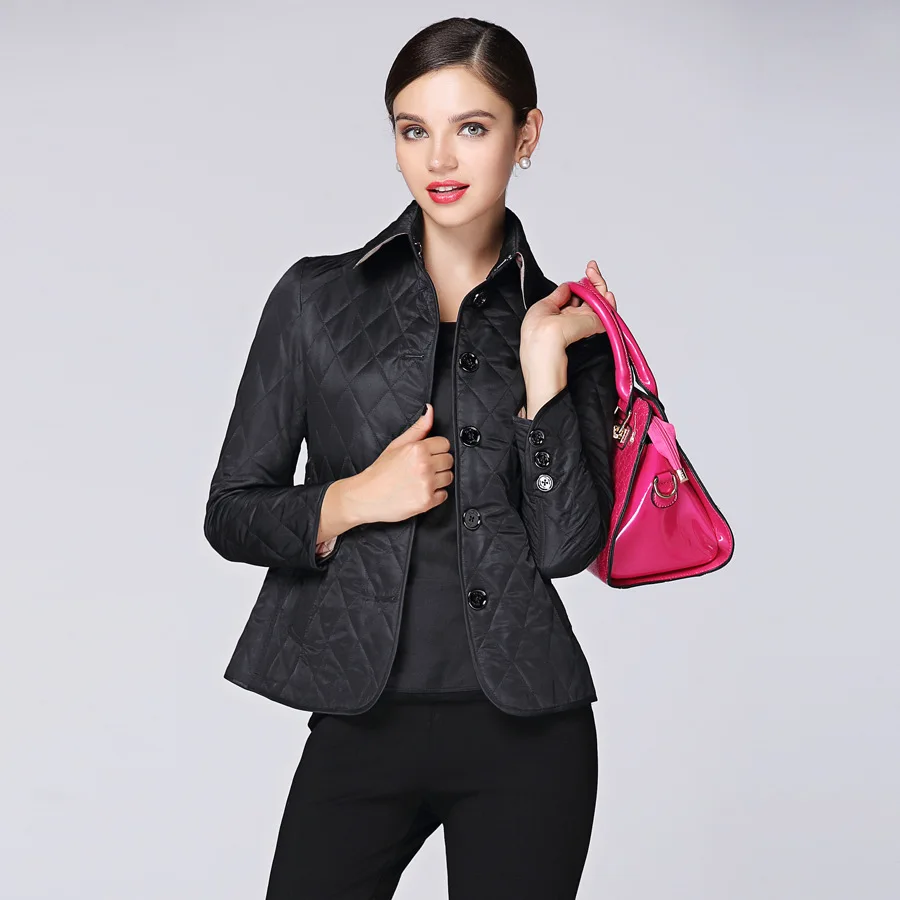 BURDULLY новая весенне-осенняя Женская куртка с ромбовидным воротником, пальто с отворотом, хлопковая куртка, верхняя одежда, теплая парка, женская одежда - Цвет: Черный