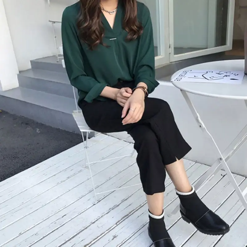 office Lady Chiffon Blouse Shirt Summer Blouse Tops Long Sleeve V Neck Female Blouse 4