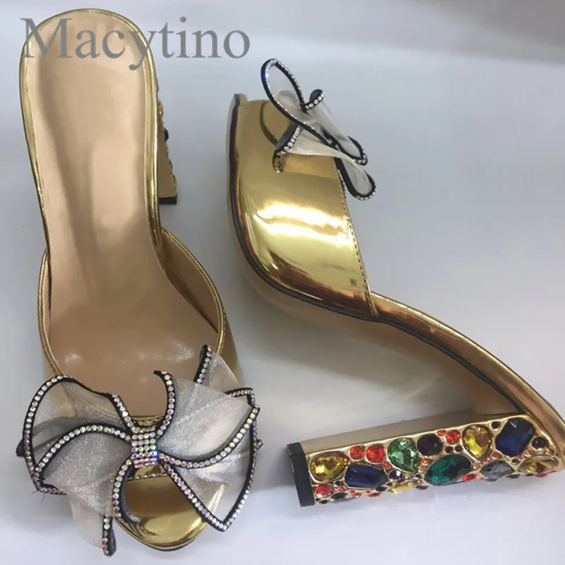 10cm Jeweled Heel Gold Mules Summer Slides Ladies High Heel Dress Shoes Women Open Toe Organza Bowtie Slippers Shoes - Цвет: Золотой