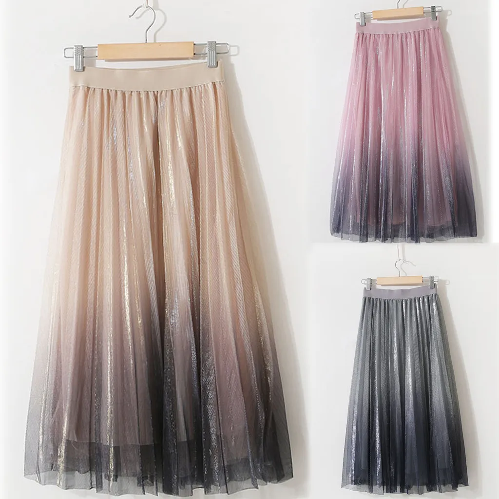 Women's long tulle reflective mesh skirt in the long paragraph A word bright silk pleated skirt Princess sweet skirt юбка 40