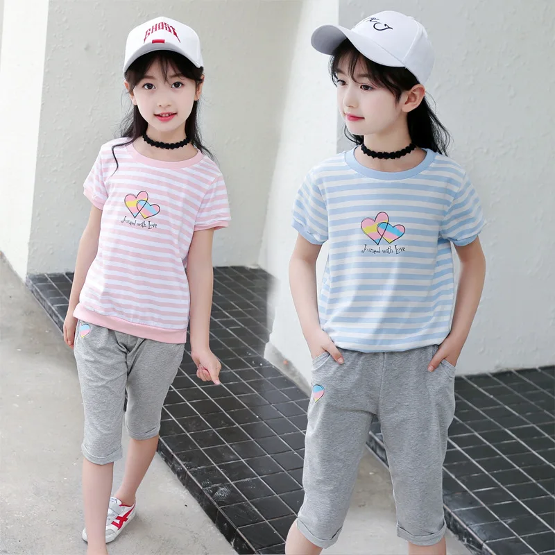 

2Pcs Sport Cotton Suit Set For Student School Uniform Kids Girls Pink&Blue Short Sleeve O-Neck Tee+Gray Cropped Pant Age 5-14Yrs
