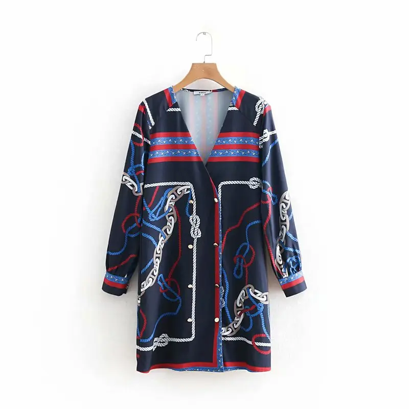 

2019 new women fashion v neck knotted printing double breasted straight dress female retro vestidos casual loose dresses DS1934