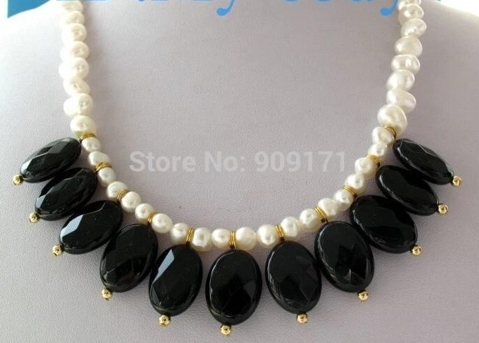 

Free Shipping>>Natural White Nugget Baroque Pearl&Faceted Oval Onyx Necklace 18