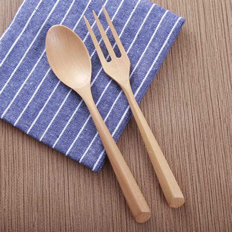 

Natural Wood Dinnerware Set Handmade Salad Dinner Fork Desert Teaspoon Wooden Cutlery Set For Kids Kitchen Picnic Tableware Set