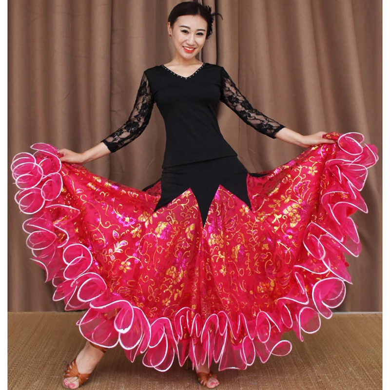 

Vintage Modern Dance Skirt For Ladies Yellow Red Women Spanish Practice Flamenco Professional Competitive Ballroom Garment N4039