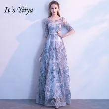 Вечернее платье Серый с цветочным It's YiiYa, Вечерние платья принтом Вышивка, O-образный вырез, Половина рукава, A-Line Длина пола Вечернее платье, E039,Лето