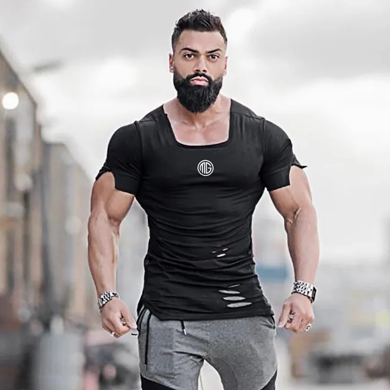 

2019 New Cotton Men's T Shirts Hip Hop Ripped Hole Fashion T-shirt Casual Breathable Tops Tees Gyms Bodybuilding Fitness Tshirt
