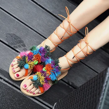 

2018 Women Bohemia Gladiator Multicolored Pom Pom Sandals Lace Up Flat Heel Fringe Tassel Boho Sandalias Con Pompones Shoes