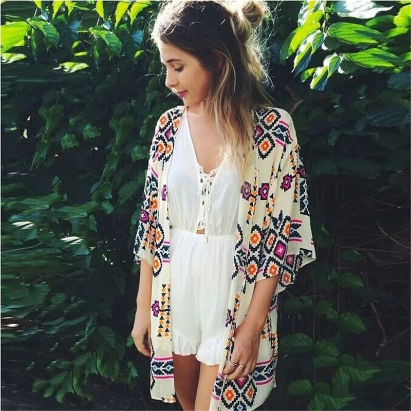 

Women Casual Vintage Kimono Cardigan Ladies 2018 Summer Long Crochet Chiffon Kimono preto Loose flora printed Blouse AD0151
