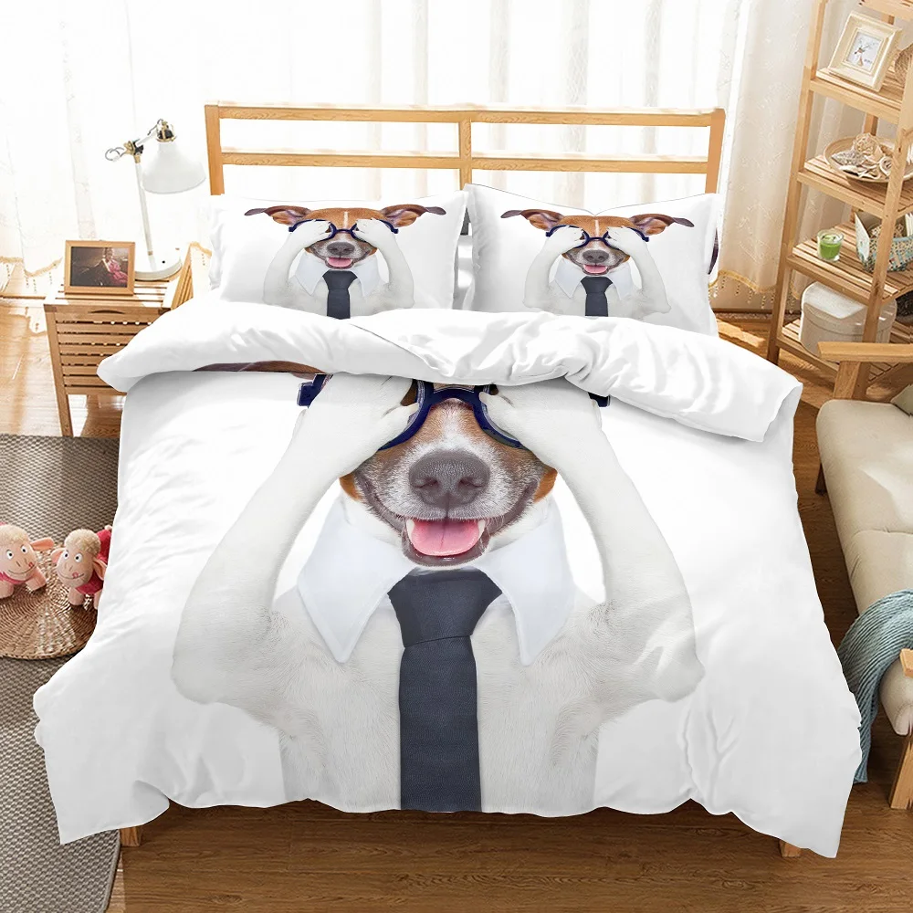 Cartoon Dogs White Bedding Set Animals Pet Print Microfiber Duvet