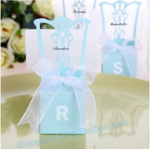 

PASAYIONE Blue Themed Wedding Candy Boxes Romantic Chair Shaped GIft Cases With Ribbon European Style Boxes For Sugars Favors