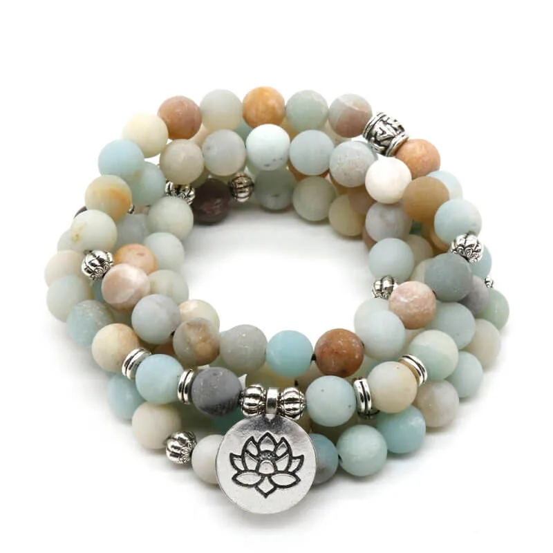 8mm Frosted Amazonite Beads Gemstone Mala Cuff Bracelets Buddhism Healing Reiki