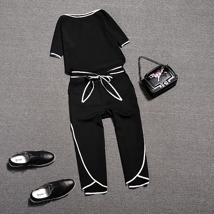 2017 Летний Новый черный белые блузки с коротким рукавом Топы + открытым широкий крой Штаны модный костюм комплект из двух предметов комплект
