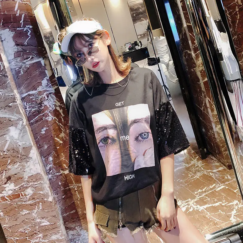 Kpop, в режиме реального времени, ограничено, хлопок, единорог, Blusas Femininas, лето, блестки, рукава, сшивание, футболка, свободная, женская футболка