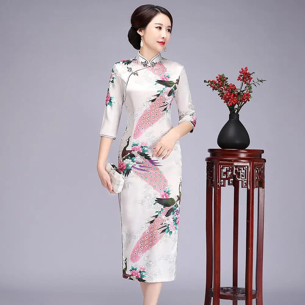 Винтаж для женщин печати Cheongsam классический цветок атласное платье китайский стиль шоу на сцене платья для платья большого размера Qipao Vestido 5XL 6XL - Цвет: Long Sleeve 6