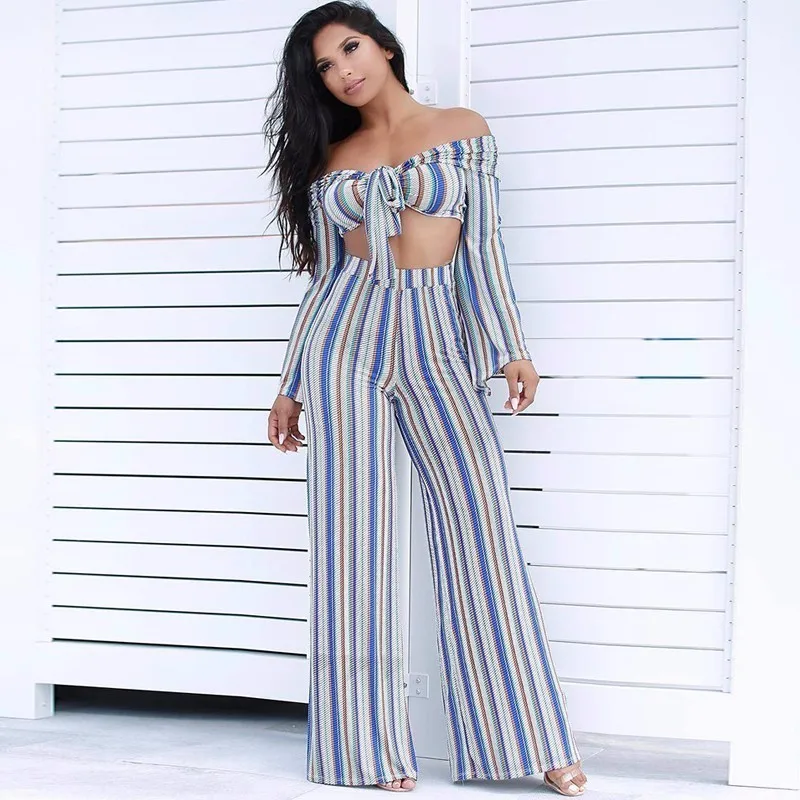 2018 New Fashion Stripe Club Jumpsuit For Women Bow