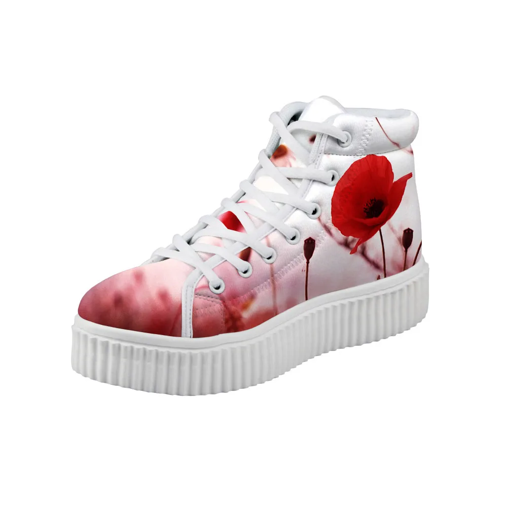 

Noisydesigns Female Creepers Shoes Red Flower Print Girl Casual Canvas Flat Platform Ankle Boot Height Increasing High Top