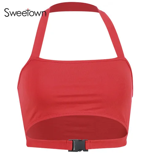 Sweetown флуоресцентный зеленый топ с открытыми плечами, одежда для фитнеса, красный/черный, открытая спина, без бретелек, топ на бретелях, лето - Цвет: red