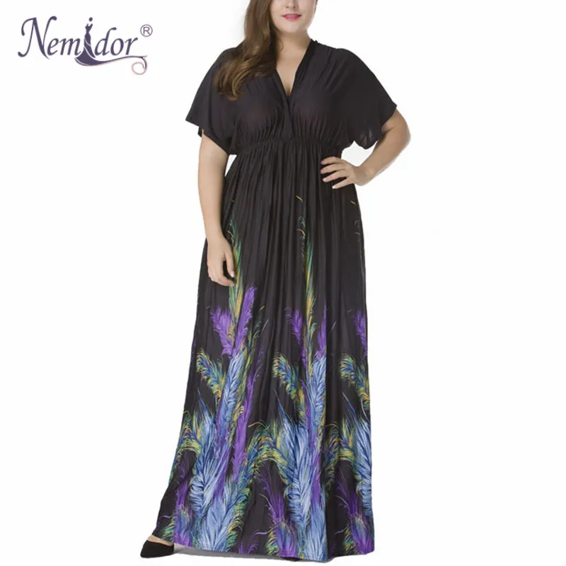 Nemidor Hot Sales Women Casual Short Sleeve Patchwork Long font b Dress b font Vintage V