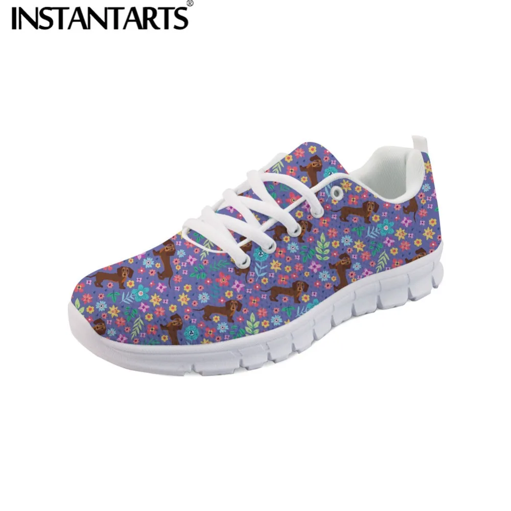 

INSTANTARTS Purple Sneakers Women Spring Casual Shoes Teen Girl Flats Puppies Dachshund /Pug Dog Floral Print Female Mesh Shoes