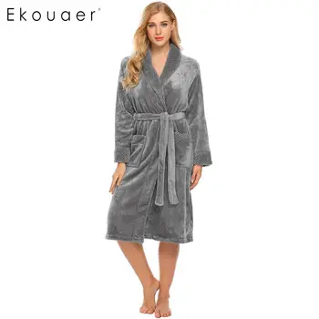 

Ekouaer Women Winter Long Robe Bathrobe Fleece Sleepwear Long Sleeve Shawl Collar Solid Wrap Robes Femme Longue Homewear Robe