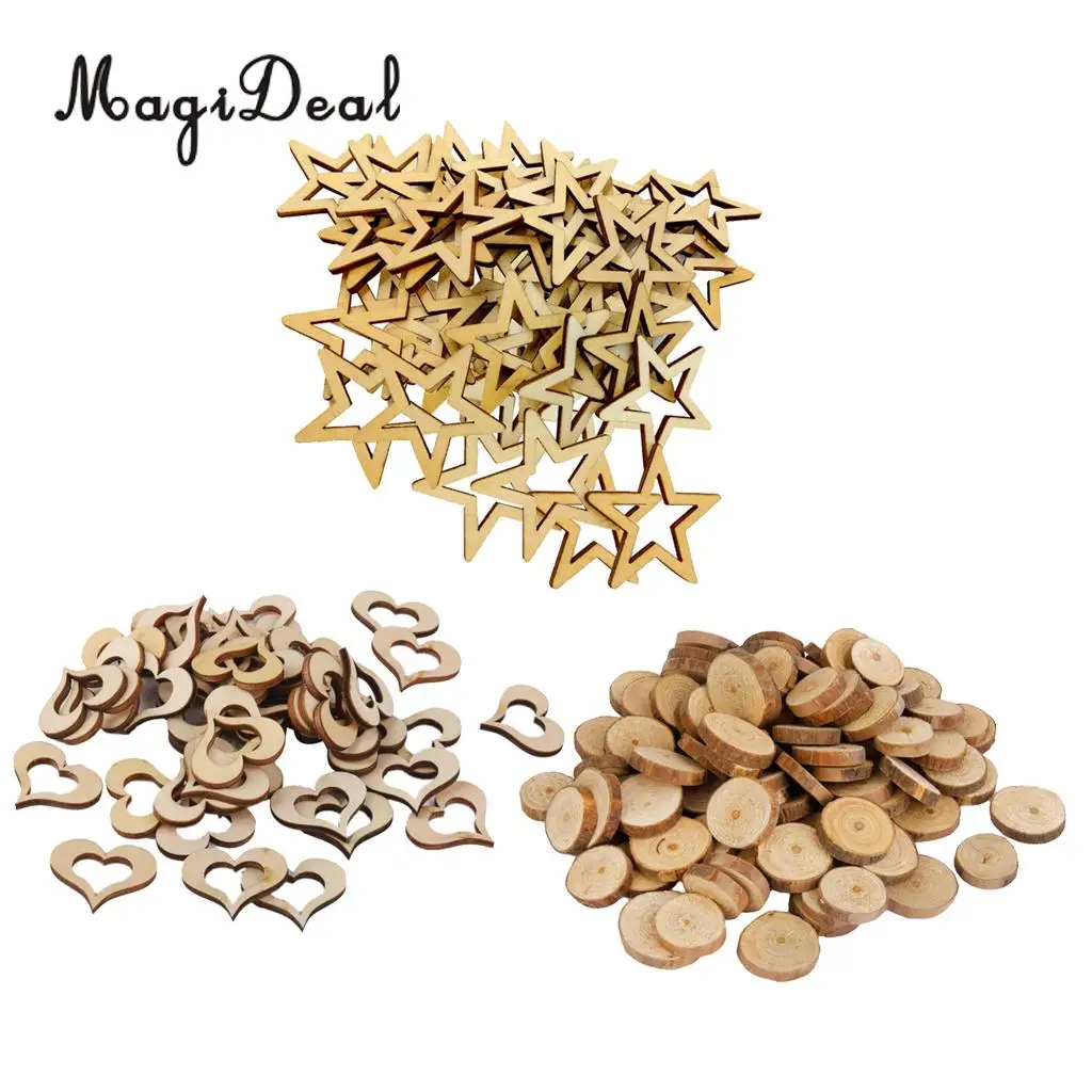 

200 Pieces Assorted Different Wooden Shape Wood Slices Discs with Heart / Star /Round Shaped DIY Scrapbook Embellishments 30 mm