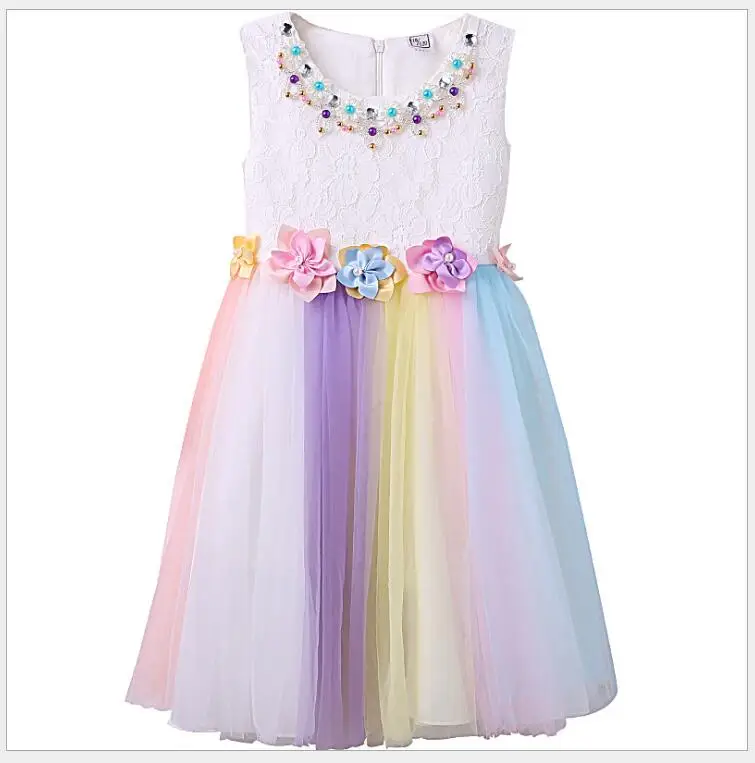 Платье принцессы из тюля радужных цветов элегантное праздничное платье для маленьких девочек на день рождения милый праздничный сарафан с цветочным узором для девочек
