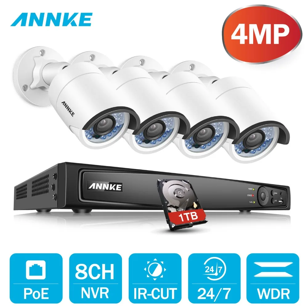 

ANNKE 8CH 6MP POE H.264+ Video Security System 4pcs 4mm 4MP Weatherproof Outdoor Infrared Night Vision Camera P2P Onvif NVR Kit