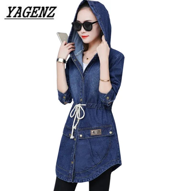 remarkable 2019 New Spring/Autumn Women's Jeans Jacket Slim Long Sleeve Hooded Denim Outerwear Single Breasted