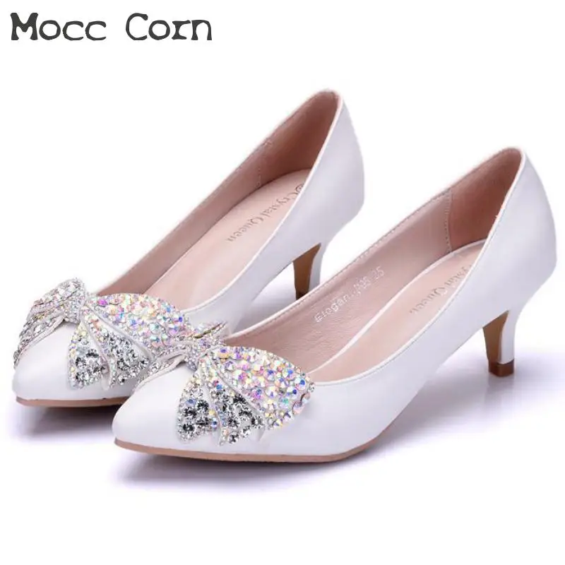 

Large Size Wedding Shoes High Heels Crystal Pointed Toe Party Shoes Bow White Prom Dress Shoes Woman Pumps Lady Zapatos Mujer
