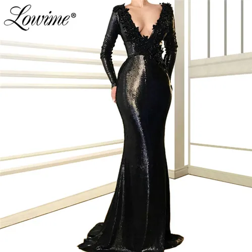 Черное вечернее платье с блестками и бусинами, арабское Элегантное Длинное Платье с v-образным вырезом и длинными рукавами для выпускного вечера, вечерние платья русалки, Robe De Soiree - Цвет: Черный