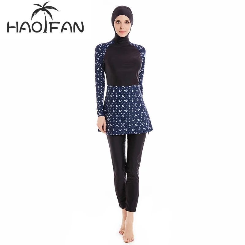 

HAOFAN 2019 Floral Muslim Swimwear Islamic Women Modest Hijab Plus Size Burkinis Wear Bathing Suit Beach Full Coverage Swimsuit