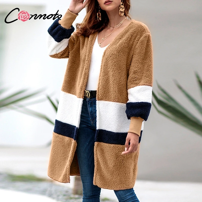 remarkable  Conmoto Faux Fur Flannel Winter Thin Coat Women Long Sleeve Cardigan Striped Colorblock Coats and J